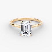 Emerald Cut - Plain Band Hidden Halo - Classic Engagement Ring- 14 K Gold